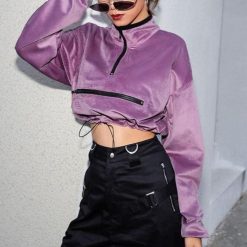 ItGirl Shop Aesthetic Velvet Purple Cropped Sweatshirt Aesthetic Clothing