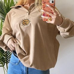 ItGirl Shop Indie Clothes Beige Retro Sun Embroidery Polo Collar Loose Pullover