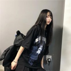 ItGirl Shop Aesthetic Grunge Black Grunge Rock Print Oversized T-Shirt