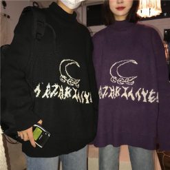 ItGirl Shop Black Purple Symbols Moon Pattern Warm Knit Sweater Aesthetic Grunge