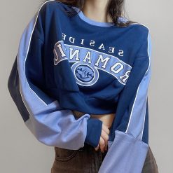 ItGirl Shop NEW Blue Retro Sporty Waist Band Cropped 90S Sweatshirt