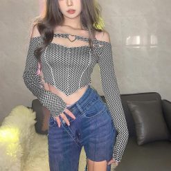 ItGirl Shop Indie Clothes Border Tartan Metal Heart Off Shoulders Sleeves Crop Top