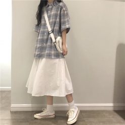 ItGirl Shop Casual Plaid Loose Shirt + White Midi Skirt