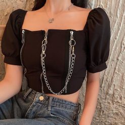 ItGirl Shop Egirl Outfits Chain And Zipper Puff Sleeves Cropped Top