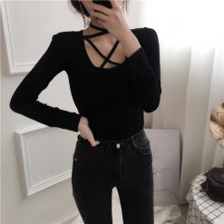 ItGirl Shop Chest Strappy Cotton Knit Black White Long Sleeve Blouse Dark Academia Outfits