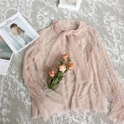 ItGirl Shop Chiffon Light Long Sleeve Neck Bow Pearls Beans Blouse NEW