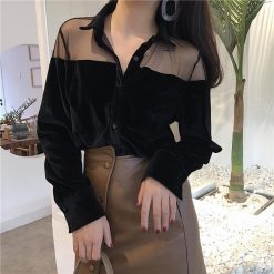 ItGirl Shop Vintage Clothing Chiffon Shoulders Velvet Collar Buttons Long Sleeve Blouse