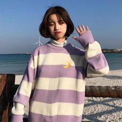 ItGirl Shop NEW Color Stripes Knit High Neck Moon Embroidery Sweater