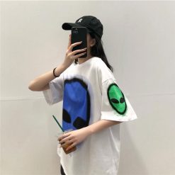 ItGirl Shop Colorful Alien Face Print Rave Loose White T-Shirt