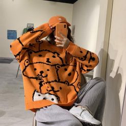 ItGirl Shop NEW Cute Bear Orange Blue Knitted Oversized Sweater