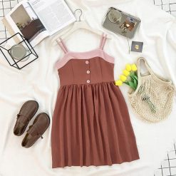 ItGirl Shop Vintage Clothing Cute Caramel Pink Line Summer Buttons Dress