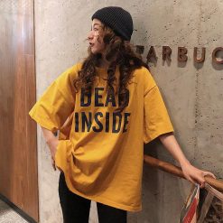 ItGirl Shop Cute Plus Size Dead Inside Letters Print Yellow White Oversized T-Shirt