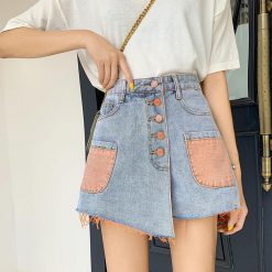 ItGirl Shop Denim Colorful Patches Fringe Light Blue Mini Skirt