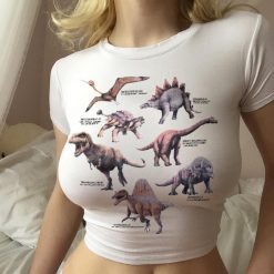 ItGirl Shop Dinosaurs Printed White Short Sleeve Cropped Top