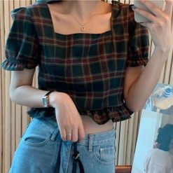 ItGirl Shop Elegant Plaid Lantern Sleeve Cropped Blouse Dark Academia Outfits