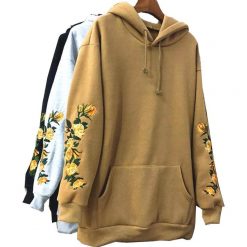 ItGirl Shop Flowers Embroidery Sleeve Khaki Black Gray Hoodie Artsy Outfit