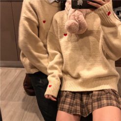 ItGirl Shop Gray Apricot Unisex Cute Heart Embroideries Sweater