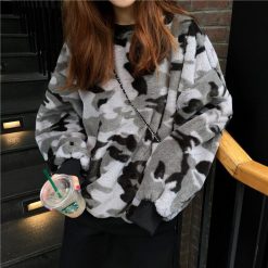 ItGirl Shop Gray Green Military Pattern Warm Plush Sweater