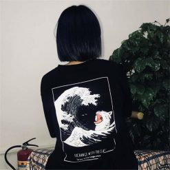 ItGirl Shop NEW Great Wave Back Print Oversized Black T-Shirt