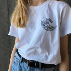 ItGirl Shop Artsy Outfit Great Wave Hokusai Print Art Hoe White Black T-Shirt