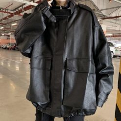 ItGirl Shop Grunge Faux Leather Drawstring Oversized Jacket