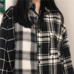 ItGirl Shop Grunge Patched Plaid Long Sleeved Casual Loose Shirt