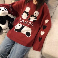 ItGirl Shop Kawaii Pandas Embroidery Oversized Knitted Sweater NEW