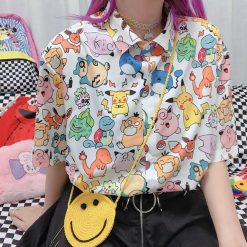 ItGirl Shop Kawaii Pokemon Print White Pink Chiffon Casual Shirt