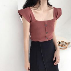 ItGirl Shop Knit Wavy Shoulders Elegant Fron Buttons Top