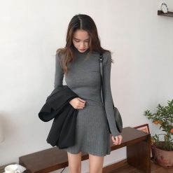 ItGirl Shop Long Sleeve Knit Cotton Gray Slim Above Knee Dress NEW