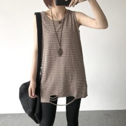 ItGirl Shop Loose Striped Sleeveless Ripped Thin Shirt NEW