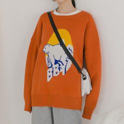 ItGirl Shop Oversized Kawaii Polar Bear Knit Black Orange Sweater NEW