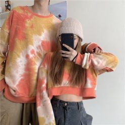 ItGirl Shop Pastel Orange Purple Tie Dye Loose Cropped Sweatshirt Indie Clothes