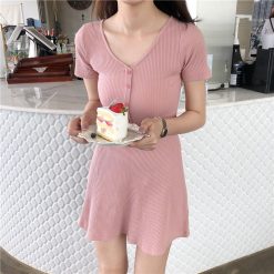 ItGirl Shop Pastel Pink Chest Buttons Summer Cotton Slim Dress Cottagecore Fashion