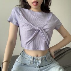 ItGirl Shop Petite Clothing Bow Knot Ribbed Cropped Top