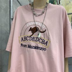 ItGirl Shop Pink Kangaroo Logo Embroidery Oversized T-Shirt