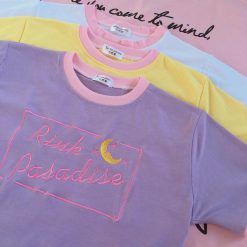 ItGirl Shop Indie Clothes Pink Paradise Pastel Colors Moon Embroidery Kawaii T-Shirt