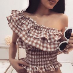 ItGirl Shop NEW Plaid Wavy Collar Huge Band Elastic Blouse