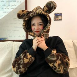 ItGirl Shop Plush Camouflage Sleeves Bear Ears Hooded Sweatshirt