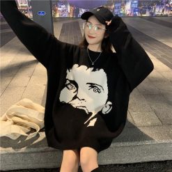 ItGirl Shop NEW Portrait Embroidery Print Knit Oversized Sweater