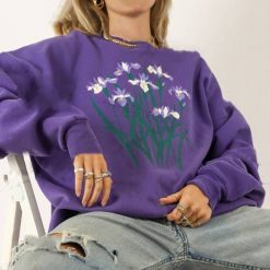 ItGirl Shop NEW Purple Iris Flowers Embroidery Oversized Sweatshirt