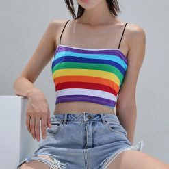 ItGirl Shop Rainbow Striped Slim Spaghetti Straps Crop Top Rainbow Clothing