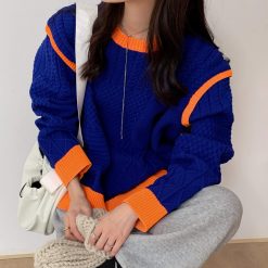 ItGirl Shop Retro Blue Orange Contrast Details Knit Loose Sweater NEW