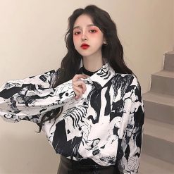 ItGirl Shop Retro Bw Print Long Sleeved Blouse Shirt NEW