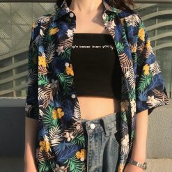 ItGirl Shop Retro Hawaii Flowers Leaves Pattern Loose Shirt