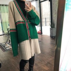 ItGirl Shop NEW Retro Oversize Knit Green Beige Cardigan Sweater