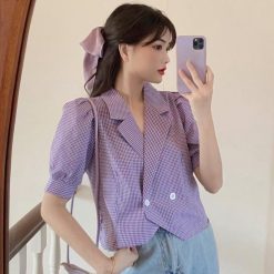 ItGirl Shop Cottagecore Fashion Retro Purple Plaid Pattern Puff Sleeves Crop Top