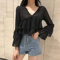 ItGirl Shop Dark Academia Outfits Ruffled Light Dotted Black V-Neck Short Blouse