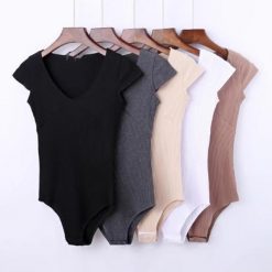 ItGirl Shop Dark Academia Outfits Short Sleeve V Cut Neck Cotton Basic Colors Bodysuits