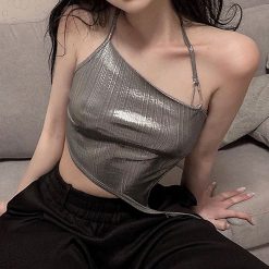 ItGirl Shop Silver Disco Aesthetic Halter Cropped Top NEW